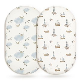 Bassinet Sheets for Baby Girls Boys 2 Pack, Fitted Baby Mattress Sheet for Rectangle, Oval, Hourglass Bassinet Mattress, Breathable Cozy & Universal Fit (Sailing Waves)