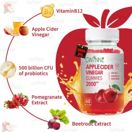 Gominolas Vinagre de manzana,Potencia Mxima 2000mg Contiene Vitaminas B12, B6, cido Flico Y Probiticos Para La Salud Metablica, Intestinal, Cutnea E  