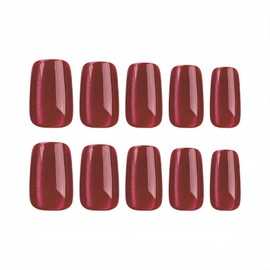 BFY Cat Eye Press on Nails Medium Square Fake Nails, Red Gel Acrylic Nails, Holographic Glitter Glossy False Nails Kits Salon Quality Stick Glue on Nails Tip 24 Pcs