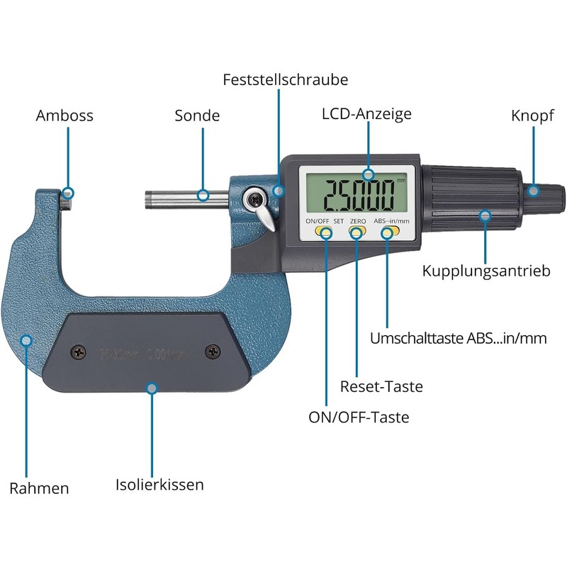Micrometer Digital, LCD Digital Outside Micrometer 25-50 mm/1-2 Inch, Electronic