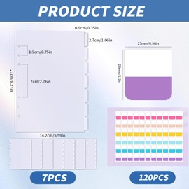 Pack of 7 A5 Dividers with 120 Stickers, Plastic Folder Dividers Folder Index 6 Holes Side Divider Notebook Dividers A5 Index Dividers for Folder A5 Ring Binder Planner Notebook