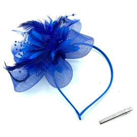 Ladies Beaded Feather Fascinator Clip/Headband Weddings, Races, Royal Ascot (Royal Blue)