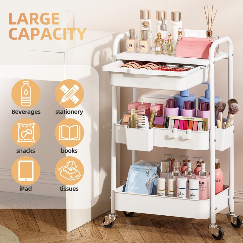 KINGRACK 3 Tier Metal Rolling Cart with Drawer, White Utility