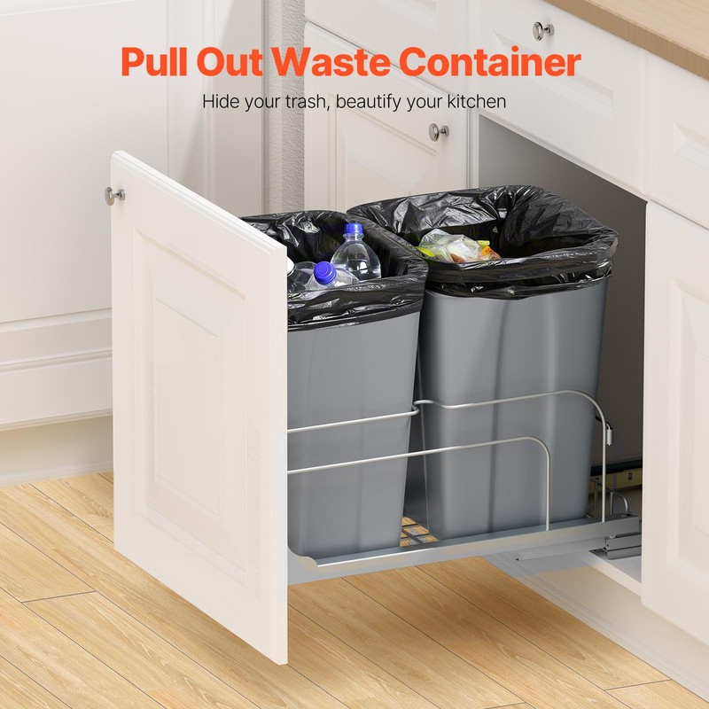 VEVOR Pull-Out Trash Can, 27 QT x2 Double Under Mount