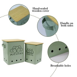Kitchen Vegetable Storage Tins Set of 2 for Potatoes, Onion, with wooden lid Garlic Bin Caddy, Long Shelf Life-Grayish Green