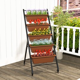 Giantex 2 Pcs Vertical Planter Raised Bed on Wheels, Elevated Garden Beds with Water Drainage Hole, Freestanding 5 Container Boxes for Herb Vegetables Flowers Growing, Outdoor Indoor Patio Balcony