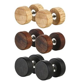KARAY 8mm Wood Wooden Vintage Round Circle Fake Cheater Plugs Tunnel Unisex Stainless Steel Stud Earrings Lot Set (3pair a Set)