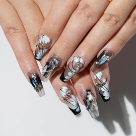 TENPAL French Tip Press on Nails Medium Chinese Style Black Nails Press ons Handmade Acrylic Sweet Cool Y2k Fake Nails With Glue 10pcs/Box Glue on Nails With Rhinestones Beads Charms Press ons(XS)