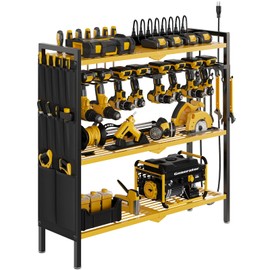 NattyDot Large Power Tool Organizer Cart with Charging Station 8 Drill Holder Garage Storage Standing Heavy Duty and Stability Storage Rack Utility Tool Shelf (Yellow)