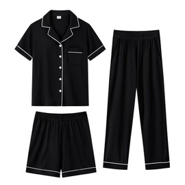 SWOMOG Men Pajamas Sets Short Sleeve Sleepwear 3Pcs Button-Down Loungewear Set Soft Modal PJs Sets with Shorts and Long Pant