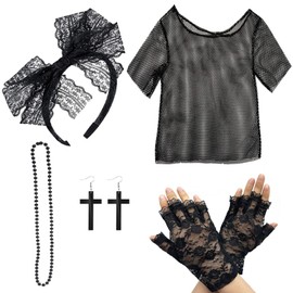 ZPSCXQ 5pcs 80s Fancy Dress for Women, Black Mesh Top Women, 80s Fancy Dress, Lace Headband Earrings Fishnet Gloves Mesh Top Retro Party Necklace for Party Carnival Ladies