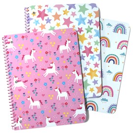 ScribbleMate Wide Ruled Spiral Notebook, Set of 3 Adorable 1 Subject Spiral Notebook Wide Ruled, 100 Perforated 3-Hole Punched Sheets, with Pocket Folder. 8 X 10.5