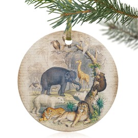 2023 Christmas Ornament 3" Round Ceramic Xmas Tree Hanging Accessories Wild Animals with Safari Zoo Double-Side Printed Ornaments for Holiday Party Home Decor,Vintage Newspaper Back