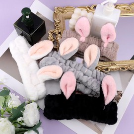 AOPRIE Rabbit SPA Headbands for Washing Face Makeup Headbands with Bow Hair Band Women Facial Head Band Wrist Towel Wraps For Shower Face Mask Gray Black White, 4 Pack
