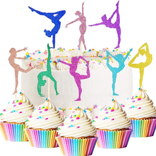 48 piezas de decoración para magdalenas con purpurina para gimnasia o gimnasia con diseño de silueta de gimnasia colorida para decoración de cupcakes