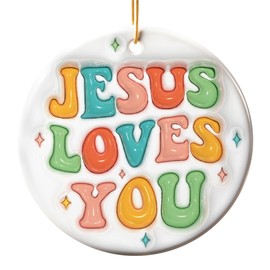 Christmas Tree Ornaments - Christian Gifts for Women, Double-Sided Printed Ceramic Ornament, for Women, Religious Christmas Ornaments for Mom, Dad, Family (Jesus Loves You)