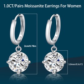 TCXOO Moissanite Drop Earrings,1.0ct-2.0ct D Color VVS1 Round Cut Lab Created Diamond 925 Sterling Silver 18K White Gold Dangle Earrings For Women Moissanite Leverback Earrings (White Gold-Hoop, 1.0CT/Pairs)