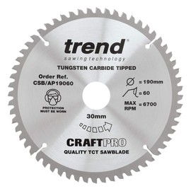 Trend CSB/AP19060 Craft Pro Worktop TCT Circular Saw Blade for Aluminium and Plastic, 190mm x 60 Teeth x 30mm Bore, Tungsten Carbide Tipped