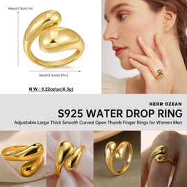 Rings for Women, Gold Plated Polished Water Drop Ring, Hypoallergenic 14K Gold Plated Chunky Teardrop Ring, Fashion Adjustable Ring, Sterling Silver, N0