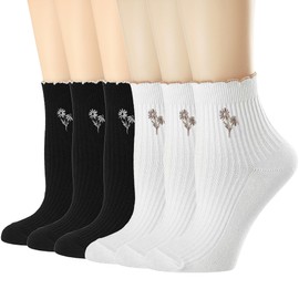 Mcool Mary Women's Ruffle Socks,Casual Cute Ankle Flower Embroidered Breathable Knit Cotton Crew Frilly Socks for Women 6 Pack