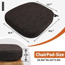 SINOSSO Thickened 2.5" Dining Chair Cushions, Soft Blended High Density Support Foam Kitchen Seat Cushions with Ties, U-Shaped Non-Slip Indoor Chair Pads, 16.5" x 16", 2 PCS, Dark Brown