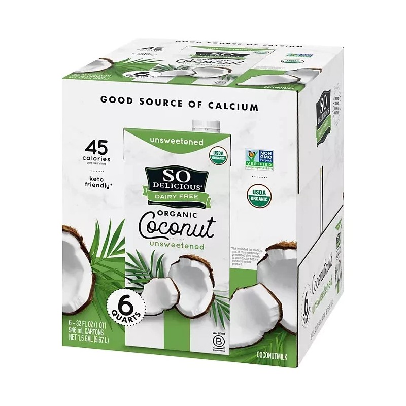 So Delicious Dairy-Free Organic Coconut Milk, Unsweetened, 32 Ounce (Pack