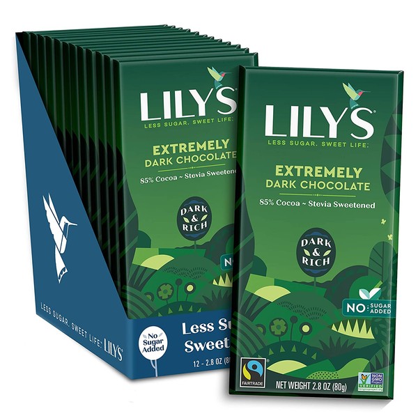 Extremely Dark Chocolate Bar by Lily's | Stevia Sweetened, No Added Sugar, Low-Carb, Keto Friendly | 85% Cocoa | Fair Trade, Gluten-Free & Non-GMO | 3 ounce, 12-Pack