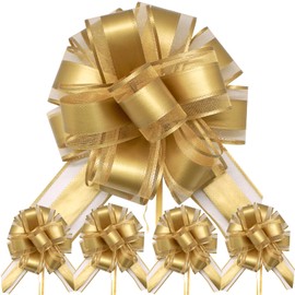 FQTANJU 5 PCS 6 Inch Gold Pull Bows for Gift Wrapping, Wedding, Christmas, Birthday Parties; Modern Style, Solid Color, 2 Inch Ribbon Width