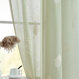 Lazzzy Sage Green Sheer Curtains Leaf Embroidered Pattern Sheer Drapes 63 Inch Length 2 Panels Farmhouse Country Floral Curtains for Living Room Bedroom Sliding Door Rod Pocket Beige on Sage