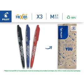 Pilot - 3 Frixion Ball - Erasable Gel Ink - Refillable and Ergonomic - Black, Blue, Red - Medium Tip