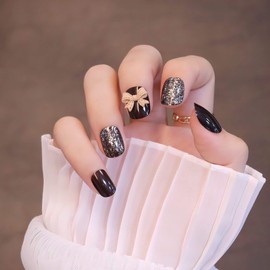 Sun&Beam Nails Nail Tip, Very Short, Popular, 3D Nails, False Nails, Cute, Short, Round Tip, Fashion, Nails, Set of 24 (#10 - Black Red)