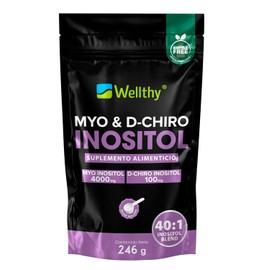 Wellthy Myo & D-Chiro Inositol en Polvo 246g. Mezcla Óptima 40:1, 4000mg Myo y 100mg D-Chiro Español, Ingredientes 100% Naturales, Gluten Free, Sugar Free, Vegan, Botlle Free