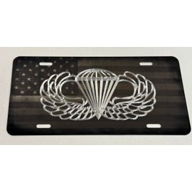 Laser US Flag & Diamond Etched Army Airborne Wings Car Tag Front License Plate