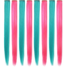 Rhyme Multi-color Hair Extensions for Girls Princess Party Highlight 21 inch Colored Hair Extensions Clip in/On for Girls and Kids Wig Pieces 8PCS (Teal Pink)