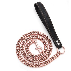 RUMYPET Rose Gold Dog Leash 15mm Cuban Link Chain Dog Leash Durable Stainless Steel Metal with Leather Handle for Small Medium Large Dogs 3FT/4FT/5FT(15mm,5ft)…