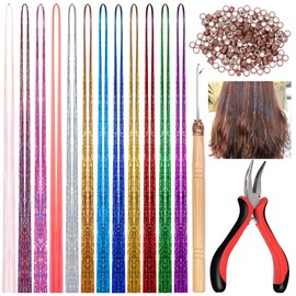 Keadic 214Pcs 12 Mixed Colors Tinsel Hair Extension with Tool, 2400 Strands Shiny Glitter Heat Resistant Highlights Hair Tinsels for Christmas New Year Party Women Girls