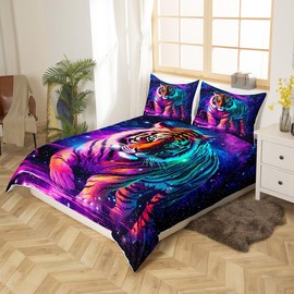 Feelyou Tiger Bedding Set for Girls Boys Kids Twin Size 3D Animal Print Comforter Cover Set Room Decor Luxury Galaxy Duvet Cover Purple Bedspread Cover 2Pcs