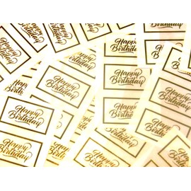 Pack of 24 Happy Birthday Stickers, Bright Shiny Gold on Clear Transparent - Labels for Cards, Craft and Decoration