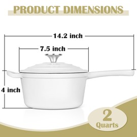 E-far Enameled Cast Iron Sauce Pan, 2 Quart Dutch Oven Saucepan with Lid, Small Sauce Pot for Cooking, Boiling, Healthy & Non Toxic, Induction & Oven Safe, White
