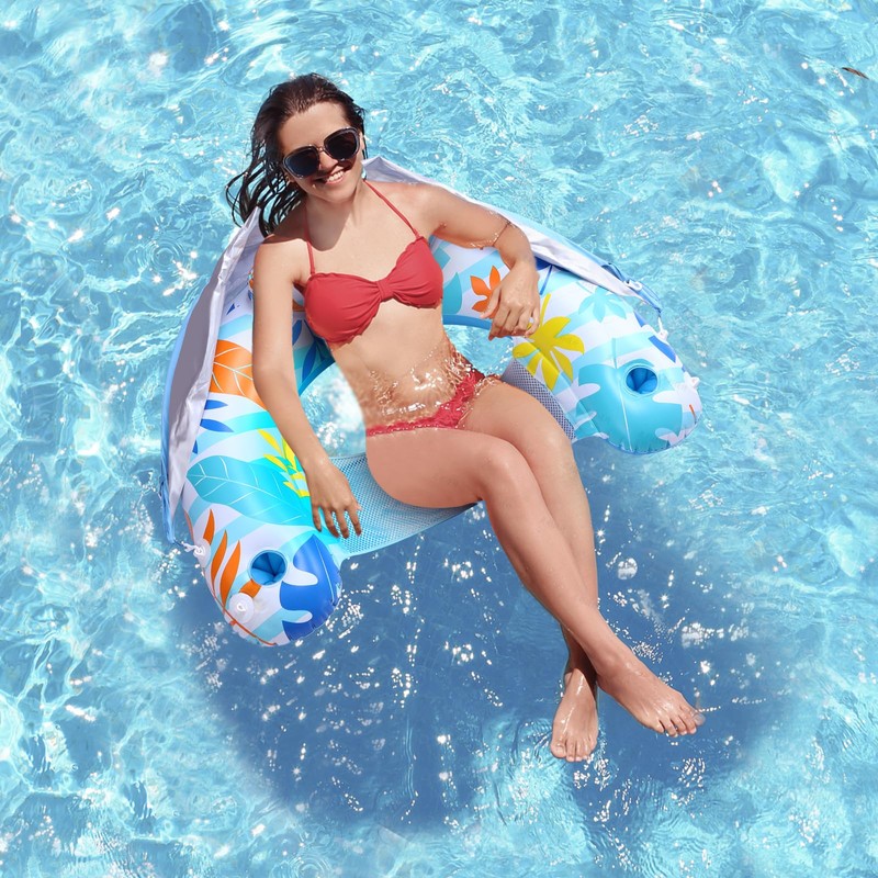 LAYCOL Adult Inflatable Pool Chair with Canopy, Ergonomic Headrest, Cup