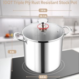 LIANYU 10 Quart Stock Pot with Lid, 10 QT 18/10 Stainless Steel Soup Pot, Tri-Ply Heavy Duty Large Canning Pasta Pot, Big Deep Pot for Cooking, Nonstick Induction Stockpot with Measuring Mark