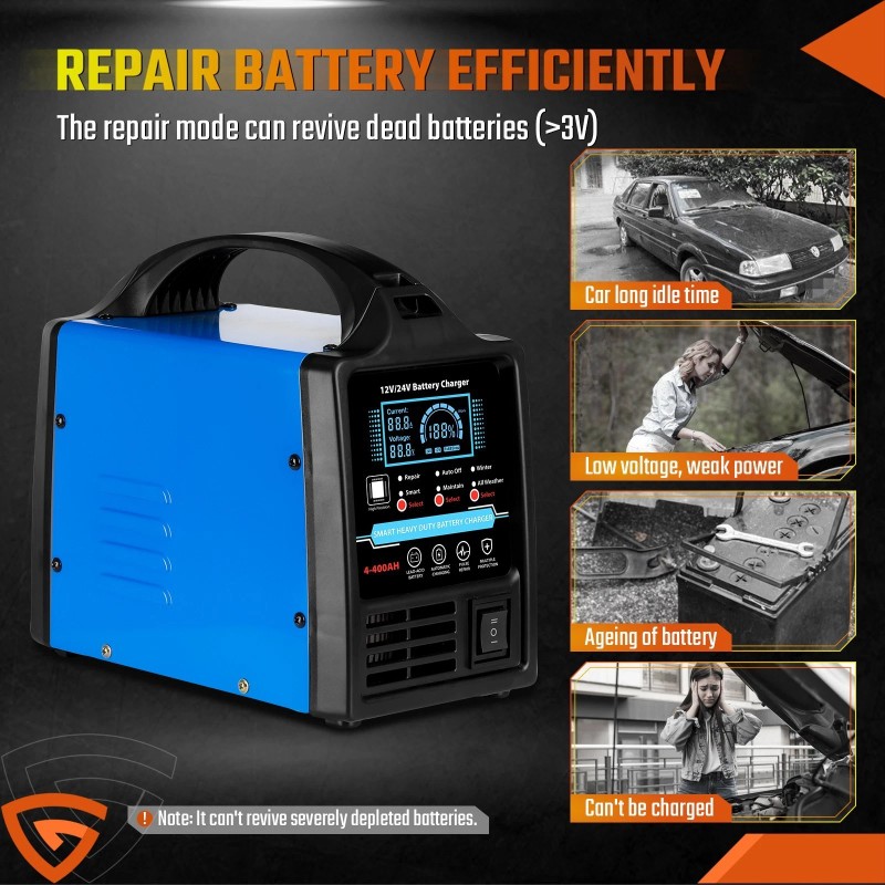 Geartronics Heavy Duty Car Battery Charger 12V-24V Smart Automatic Intelligent