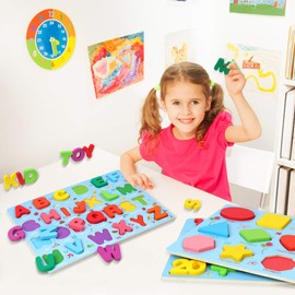 GEMEM Alphabet and Number Puzzle Set Wooden Upper Case Letter Number and Shape Learning Puzzles Board Toy, Ideal of Educational Matching Game for 3 4 5 Years Old Toddlers Boys Girls Set of 3