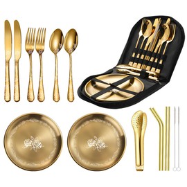 XIAOYU 16 Piece Metal Picnic Tableware Set Camping Picnic Cutlery Set for 2 People Stainless Steel Cutlery Set Unique Floral Design Gold