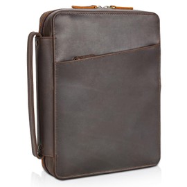 Polare Full Grain Leather Bible Cover Church Bag 10x7.5x2.2 inch Carrying Book Case Bible Protective with Handle and YKK Zippered Pocket (Dark Brown)