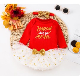 Baby Girl New Year Outfits My 1st New Year Costumes Newborn Tutu Skirt Clothes Set Long Sleeve Romper Skirt Headband(Red,3-6M)