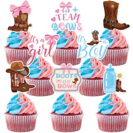 40Pcs Boots or Bows Cupcake Toppers Boots or Bows Gender Reveal Decorations Western Cowboy or Cowgirl Baby Shower Decor Party Supplies