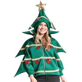 Edhomenn Women Christmas Tree Costume Sequins Long Sleeve Hoodie Sweatshirts Cosplay Outfit, Green, L