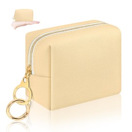 SIDESUGAR Small Makeup Bag for Purse, PU Leather Mini Cosmetic Bag with Key Ring Portable Lipstick Storage Pouch Travel Makeup Pouch for Girls Women (Beige)