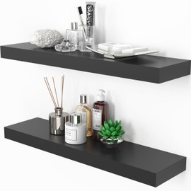 Ballucci Floating Shelves, 24" Wood Wall Shelf Set of 2, with Invisible Brackets for Bathroom, Living Room, Bedroom, Kitchen, Nursery, 6" Deep, Black